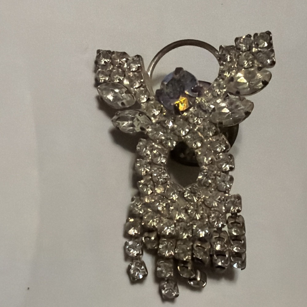 Vintage Clear Rhinestone Angel Dangling Silver Tone Pin Brooch